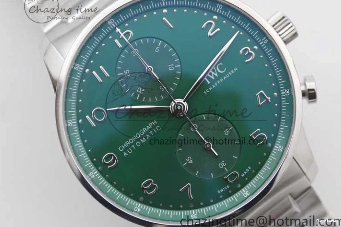 MIROTIME 0120 FastDry Portugieser Chronograph IW371615 ZF Best Edition Green Dial on SS Bracelet A7750 (Slim Movement) 7038